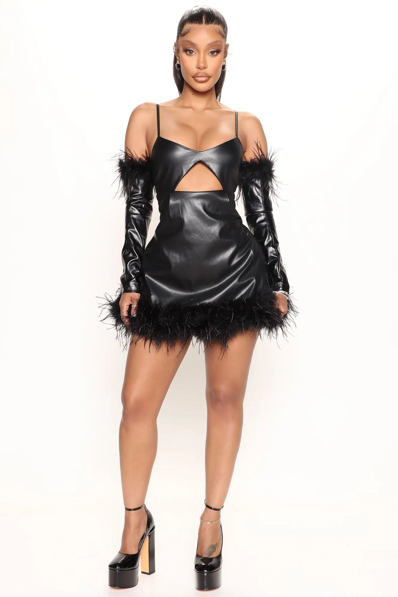 Alicia Gloved Faux Leather Dress Set - Black