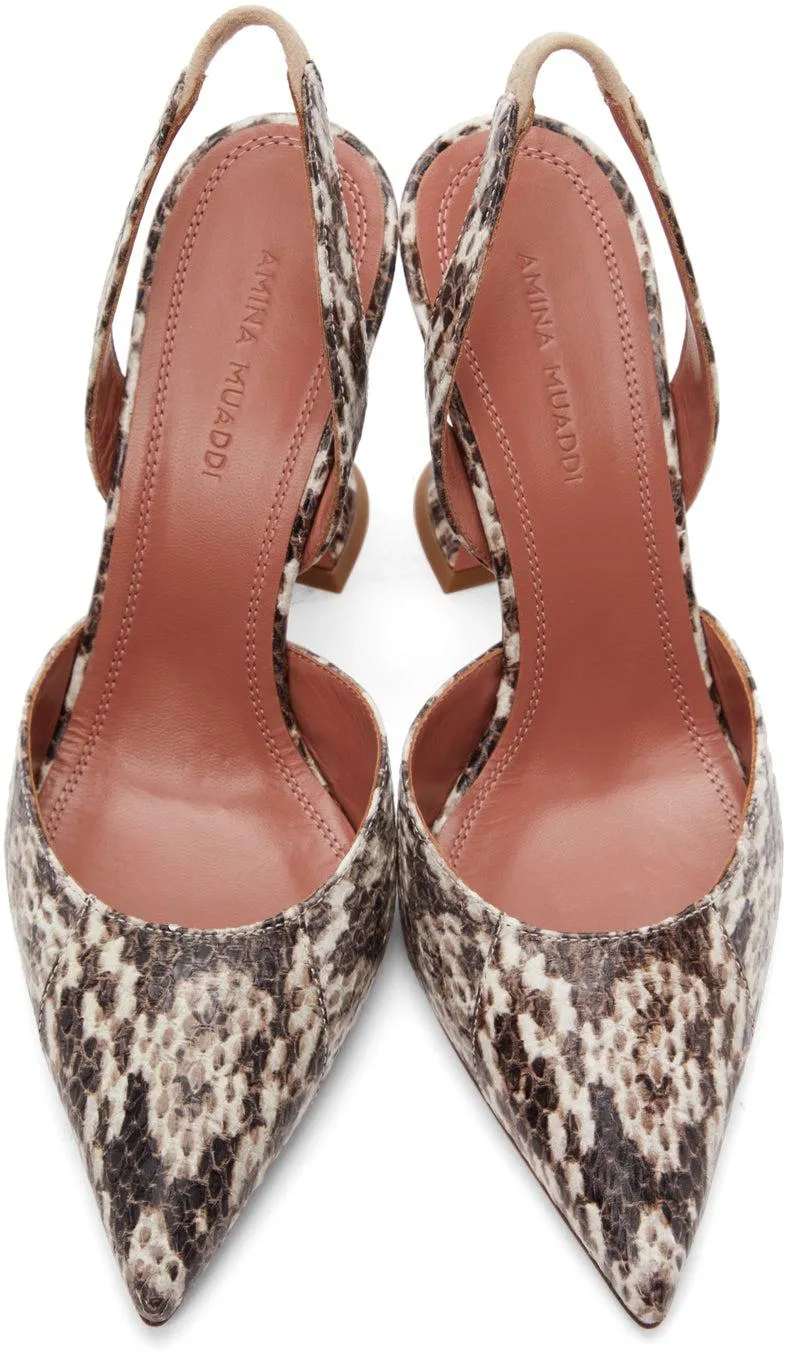 Amina Muaddi Brown Snake Holli Sling Heels