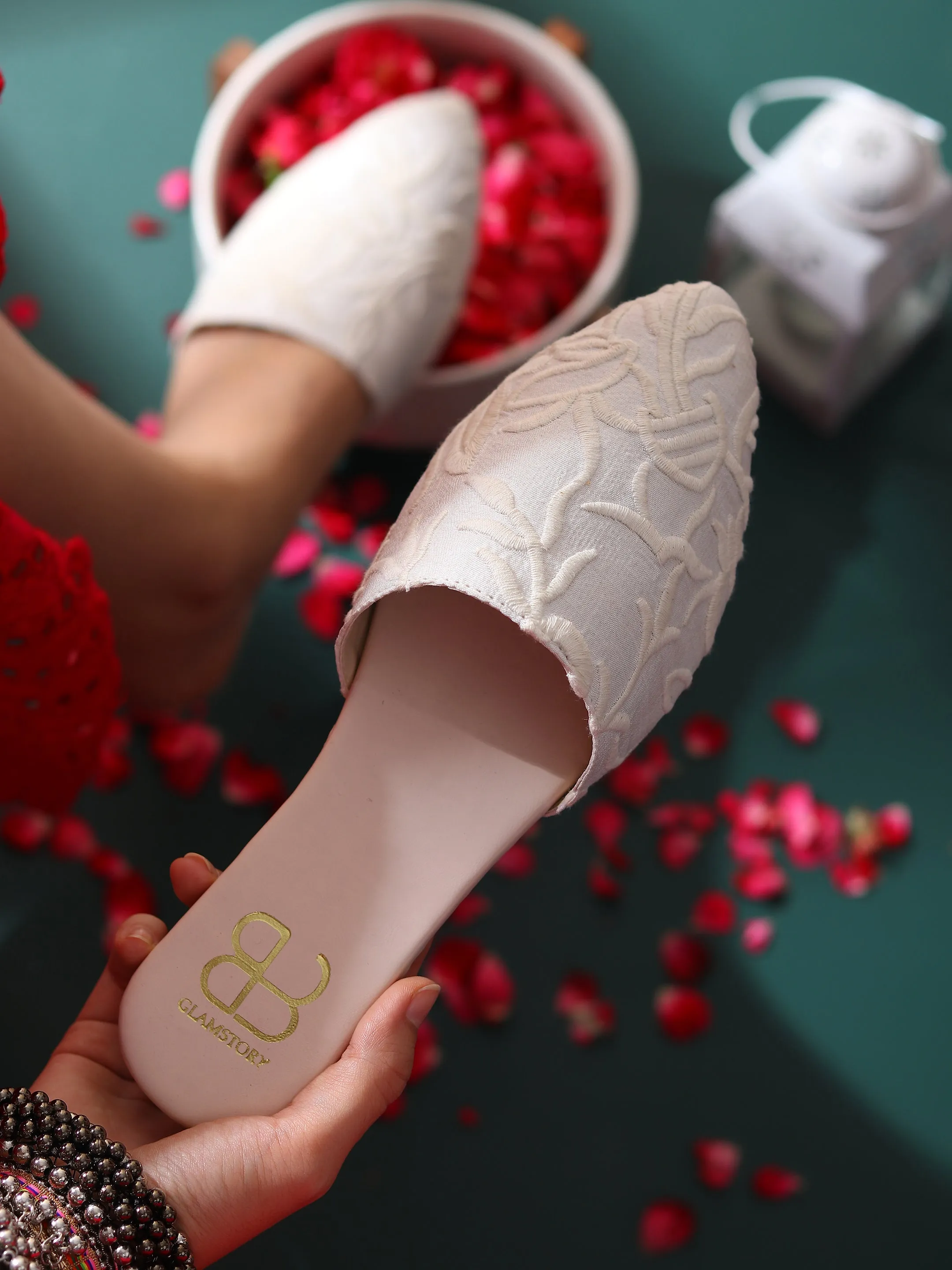BELA Embroidered White Vegan Leather Mule