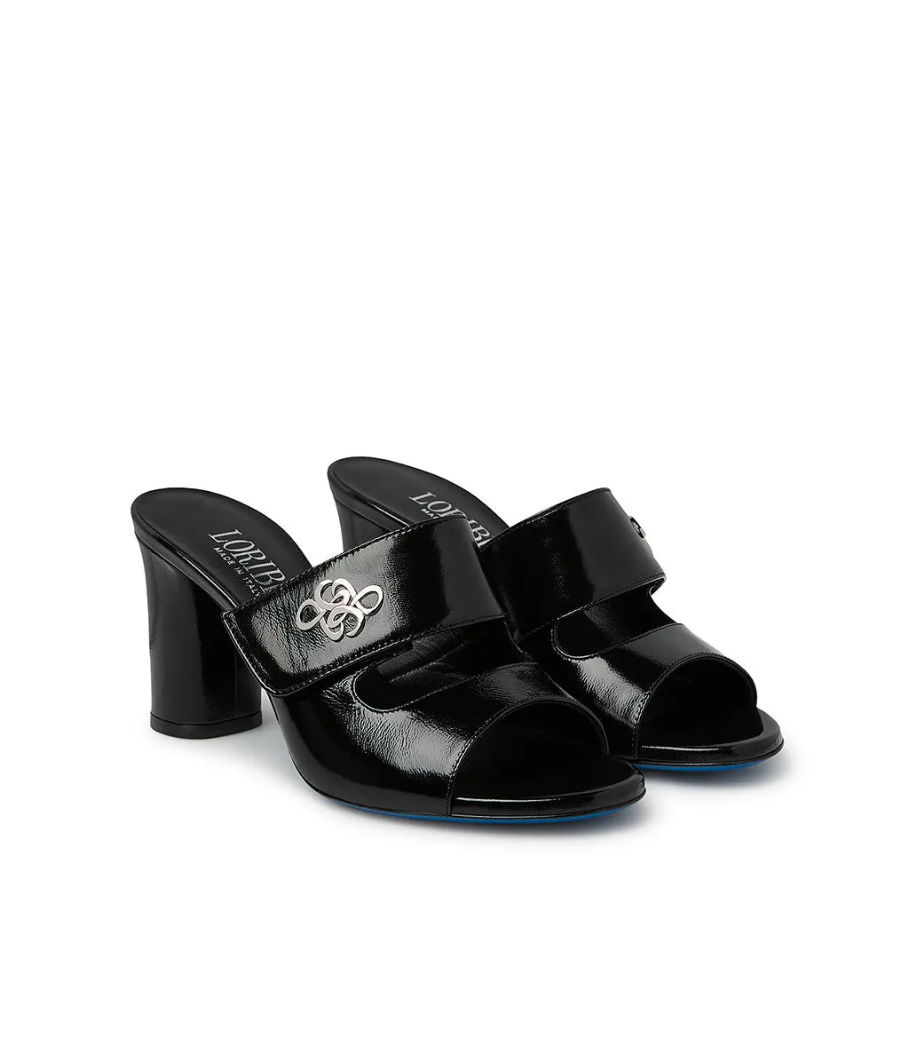 Black glossy leather mules