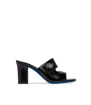 Black glossy leather mules