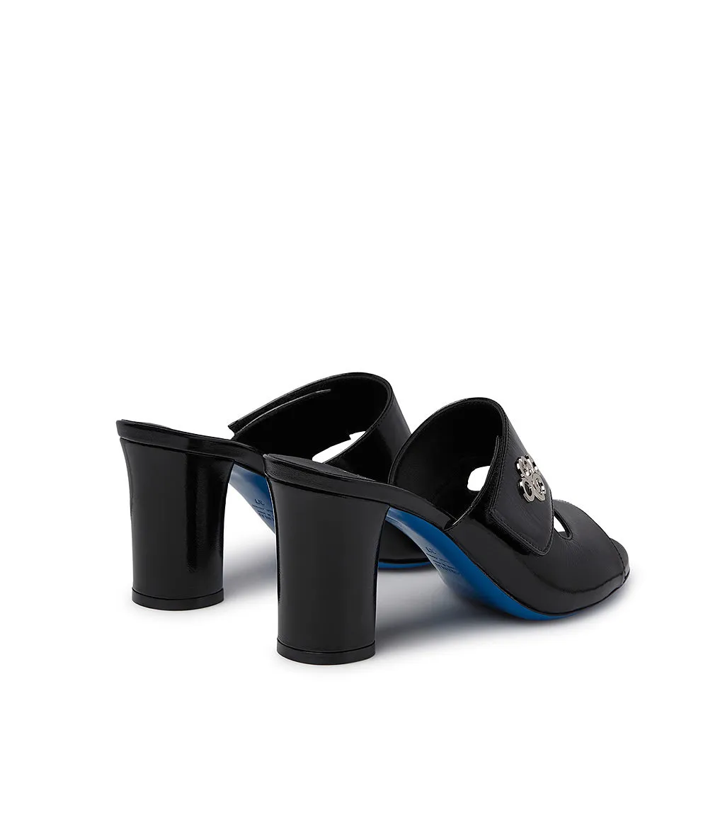 Black glossy leather mules