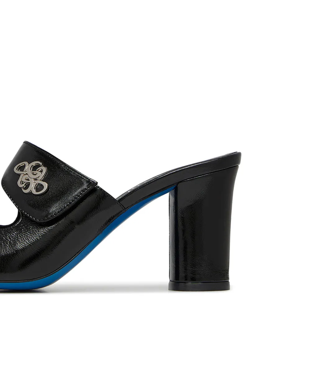 Black glossy leather mules