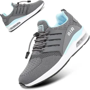 BOGOVER Womens Lightweight Air Running Shoes, Breathable Gym Jogging Running Tennis Sneakers with Air Cushion,No Tie Grey Blue, 9