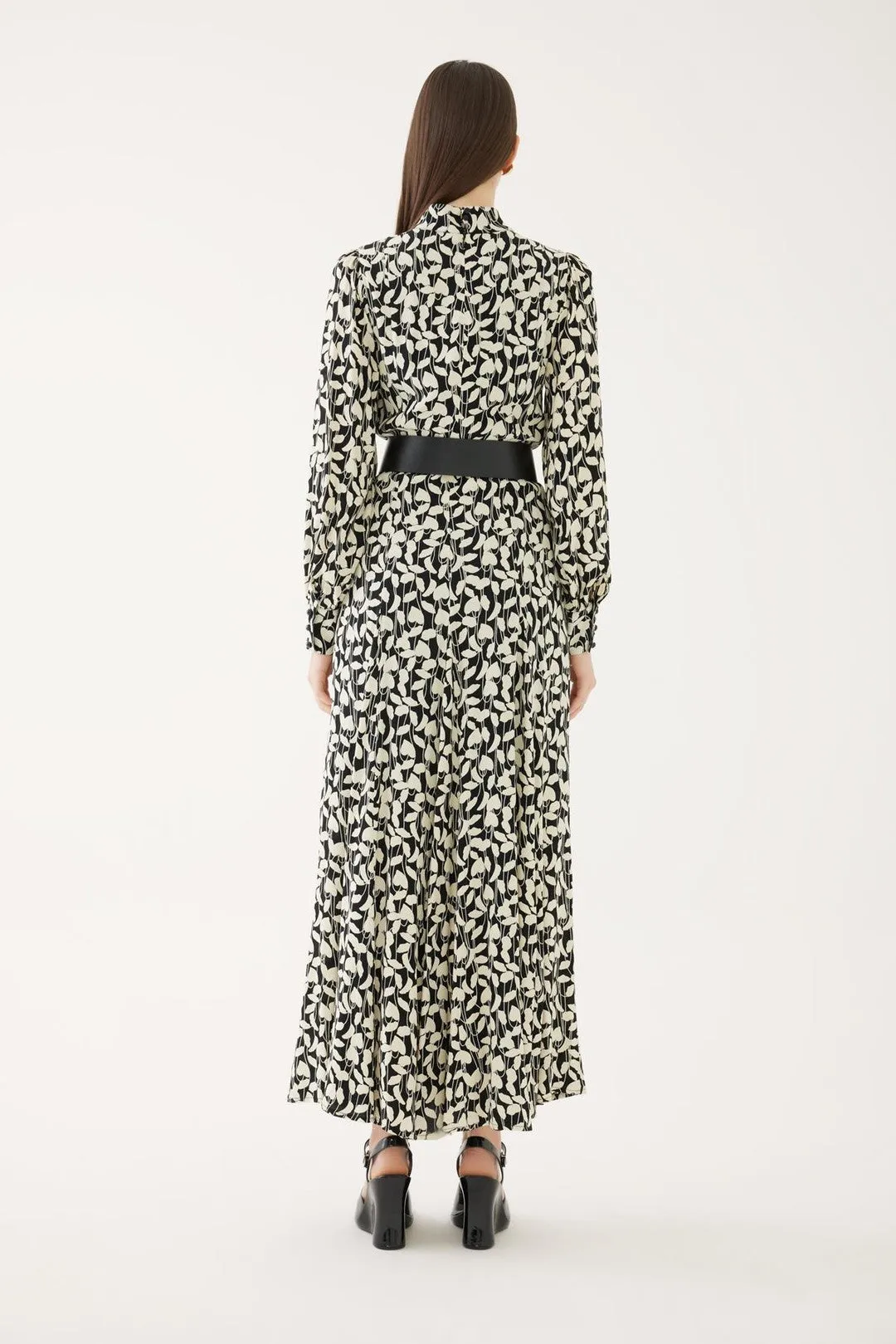 Bone and Black Mandarin Collar Dress with Belt