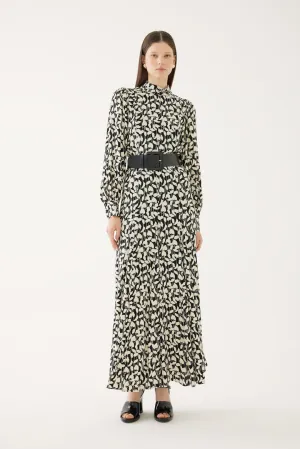 Bone and Black Mandarin Collar Dress with Belt