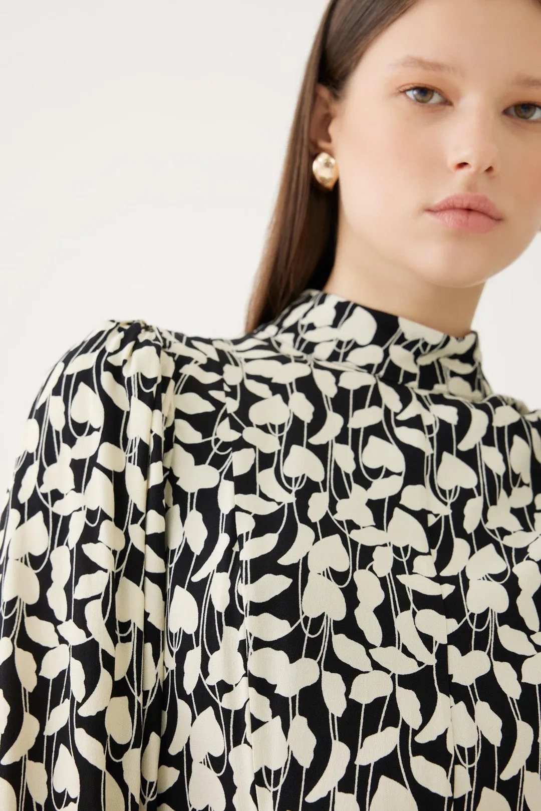 Bone and Black Mandarin Collar Dress with Belt
