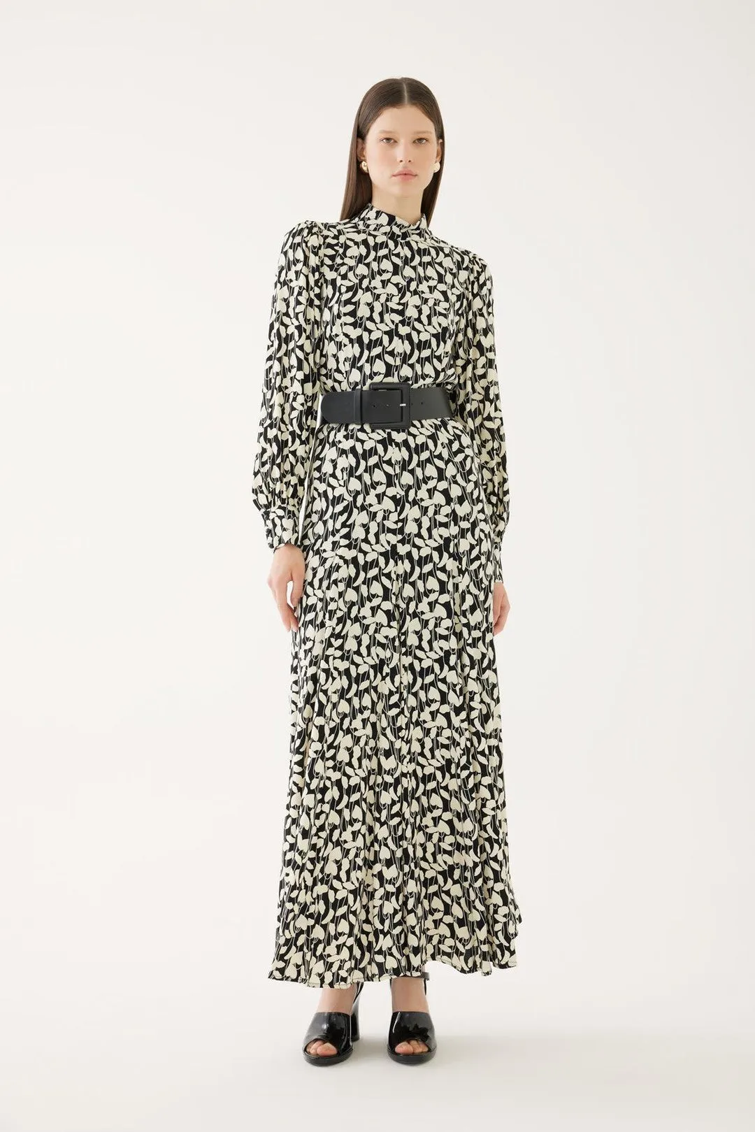 Bone and Black Mandarin Collar Dress with Belt