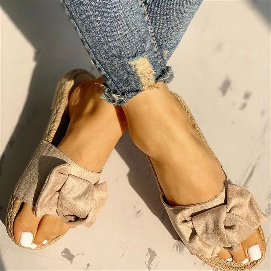 Bowknot Design Hempen Cord Flat Slippers