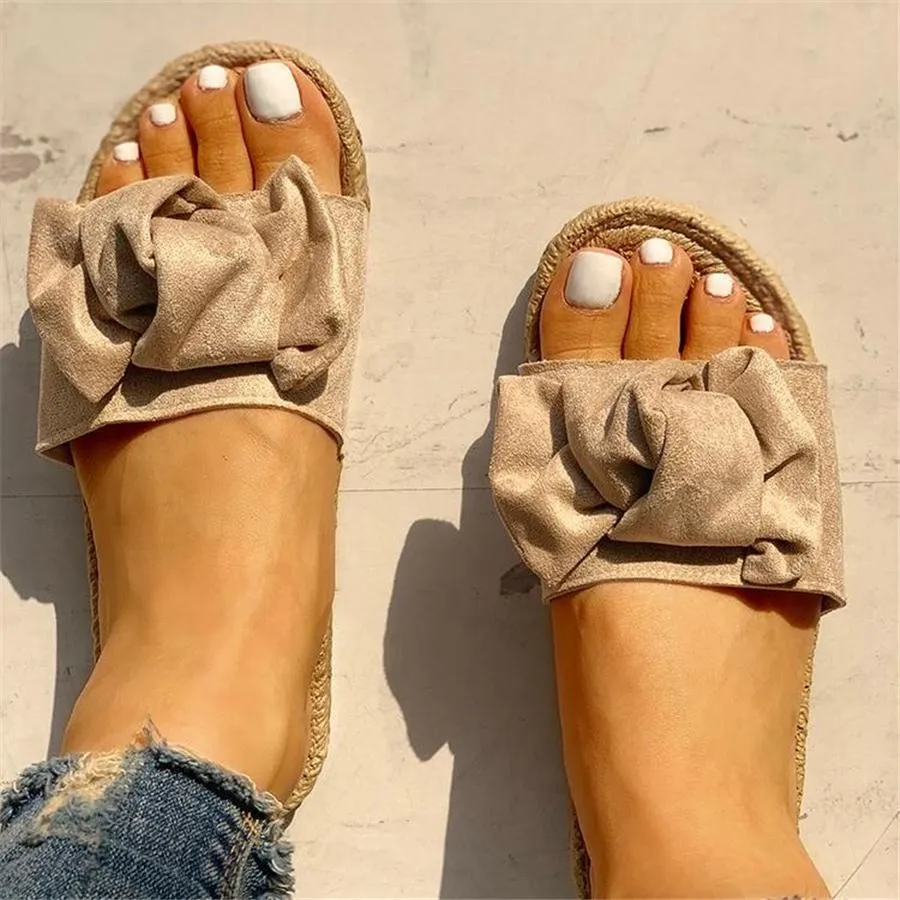 Bowknot Design Hempen Cord Flat Slippers