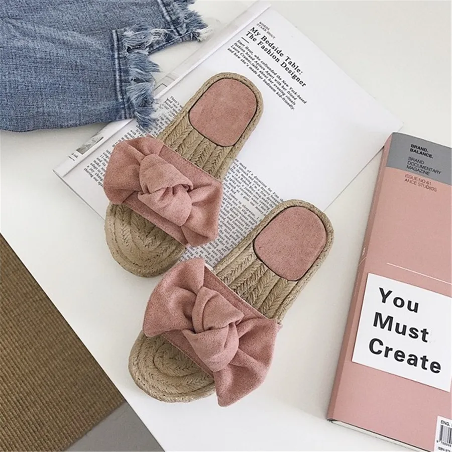 Bowknot Design Hempen Cord Flat Slippers