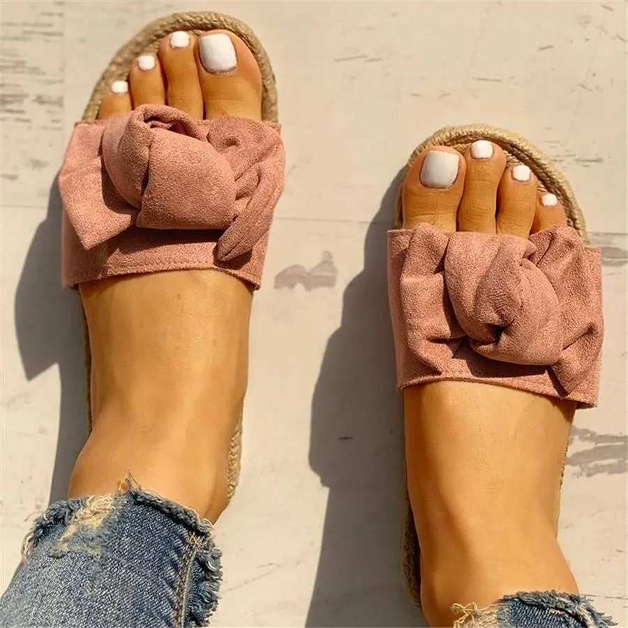 Bowknot Design Hempen Cord Flat Slippers
