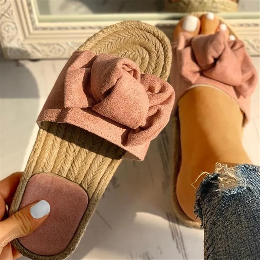 Bowknot Design Hempen Cord Flat Slippers