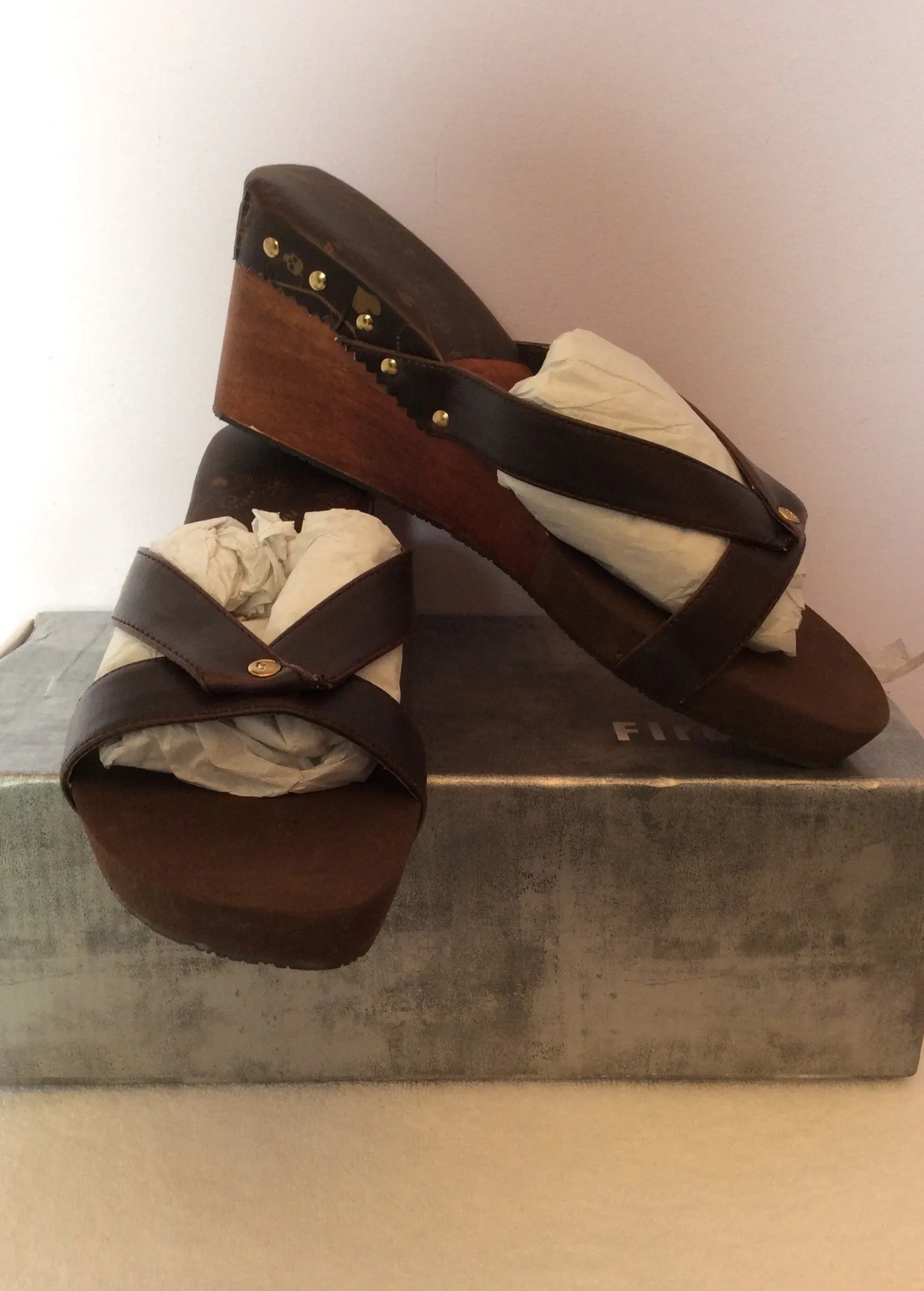 Brand New Firetrap Brown Slip On Wedge Heel Mules Size 7/40