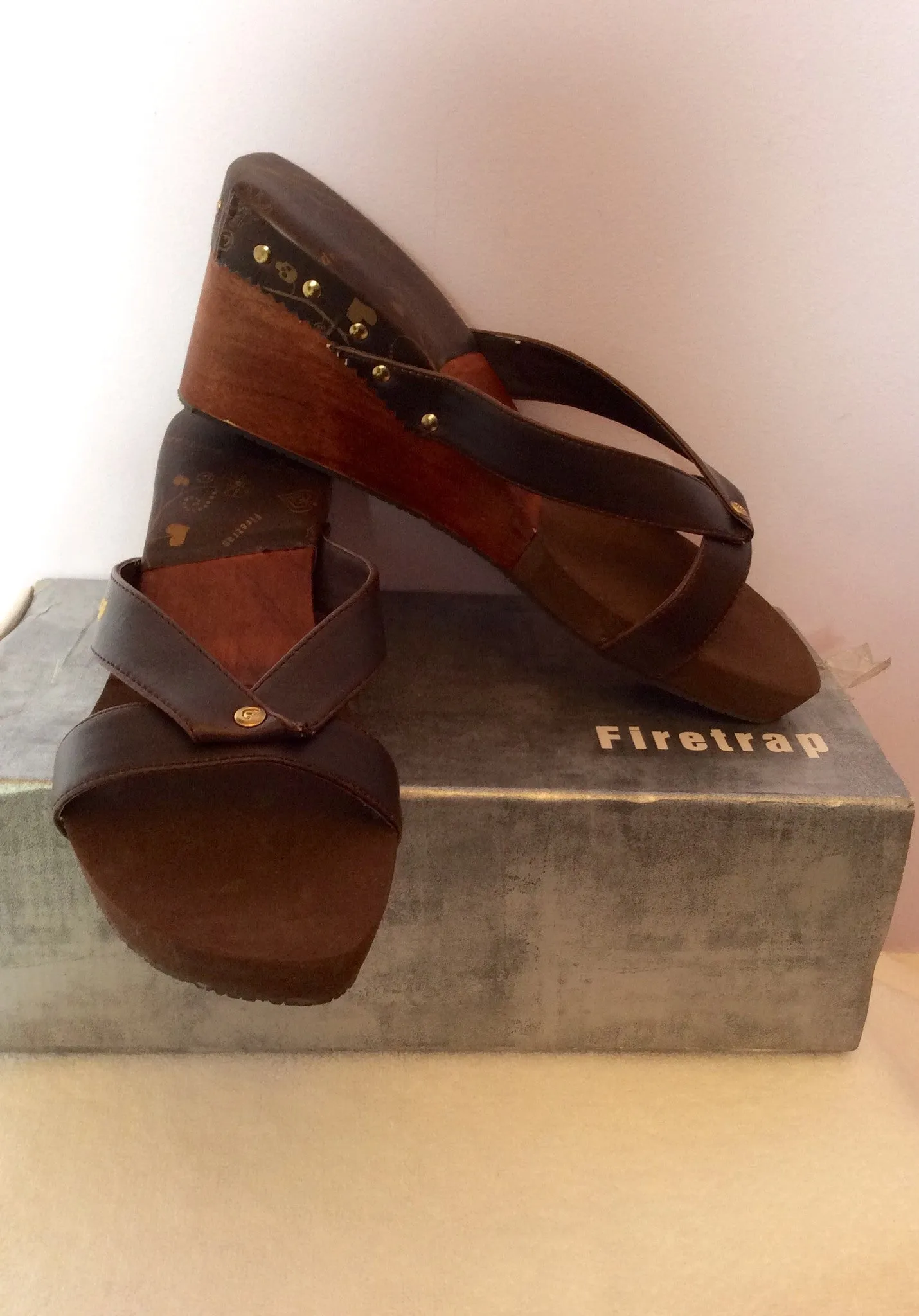 Brand New Firetrap Brown Slip On Wedge Heel Mules Size 7/40
