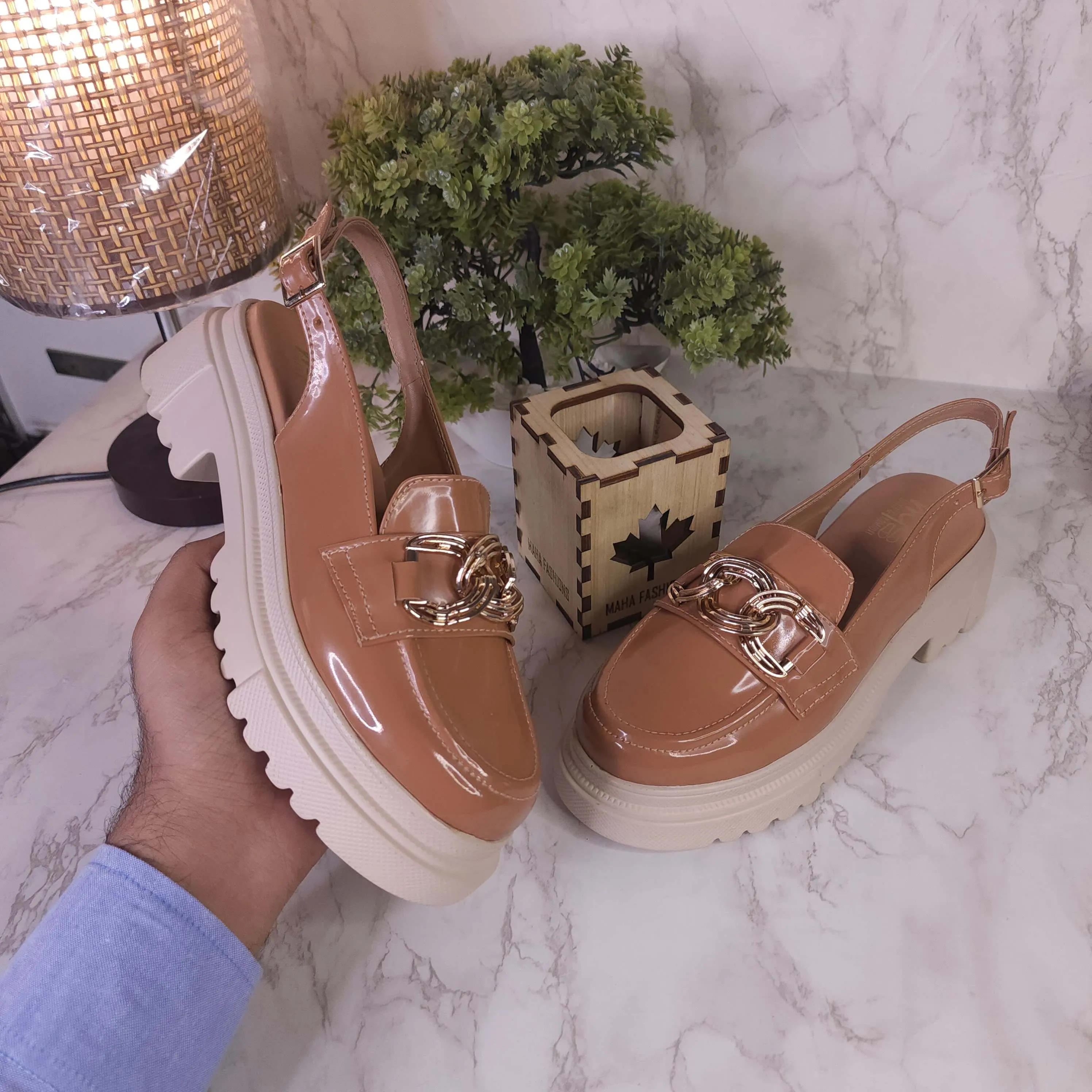 Brown Patent Platform Sandals