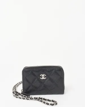 Chanel Black Caviar Leather Mini Zip Around Card Holder On Chain