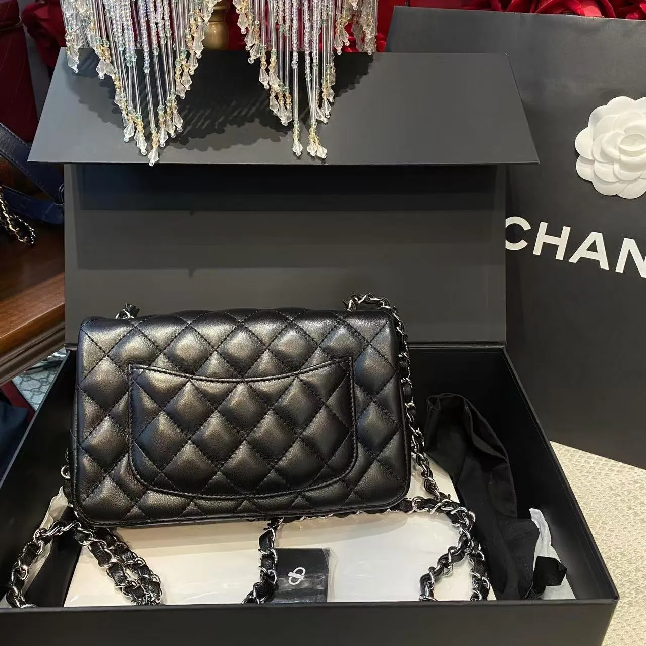 Chanel Classic Flap Mini Black Quilted Leather Handbag Microchip