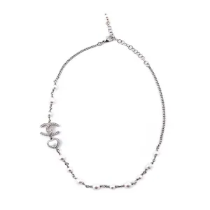 Chanel Silver Faux Pearl CC Necklace