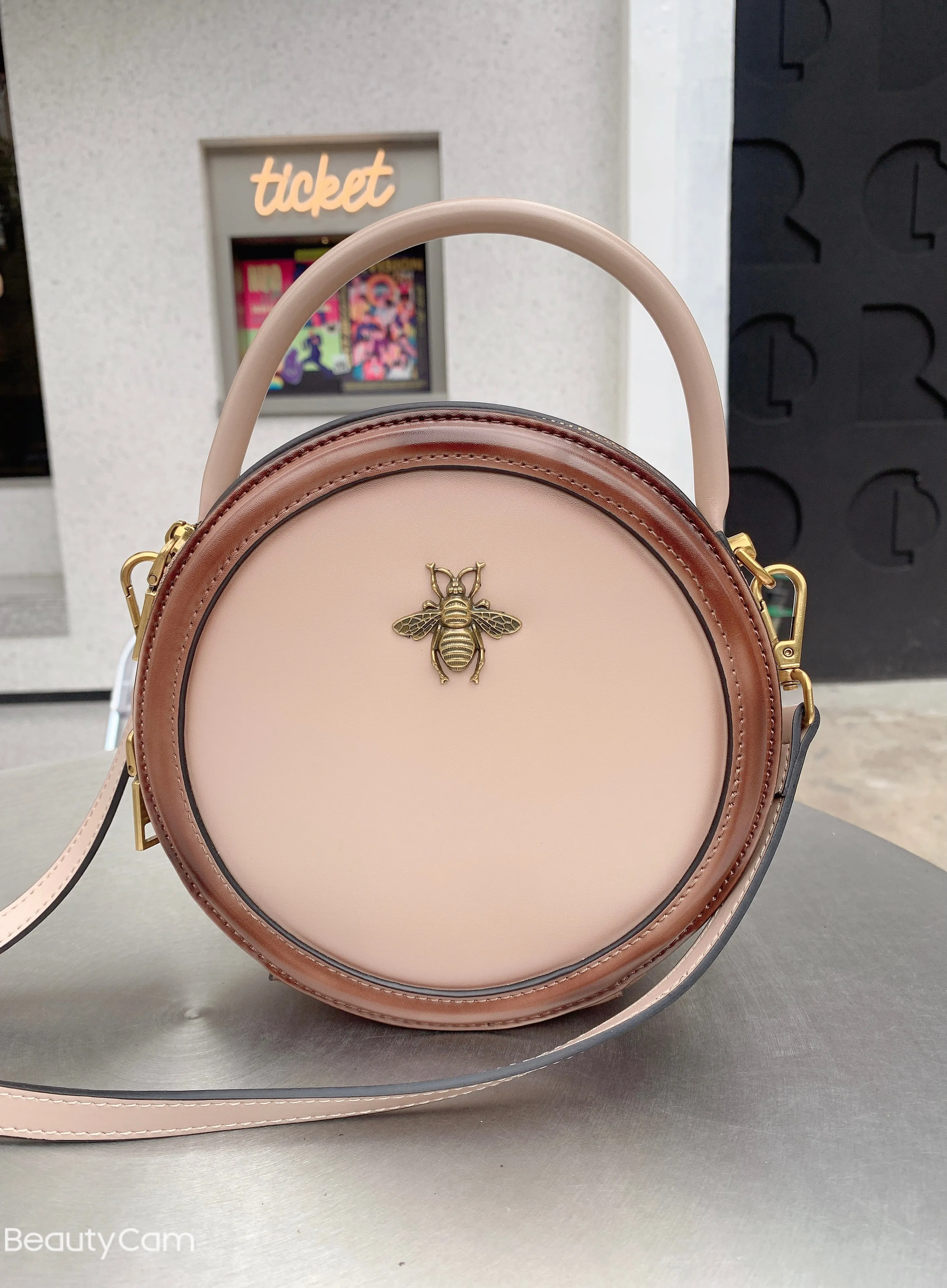 Classic Bee Round Shaped Leather Shoulder Bag