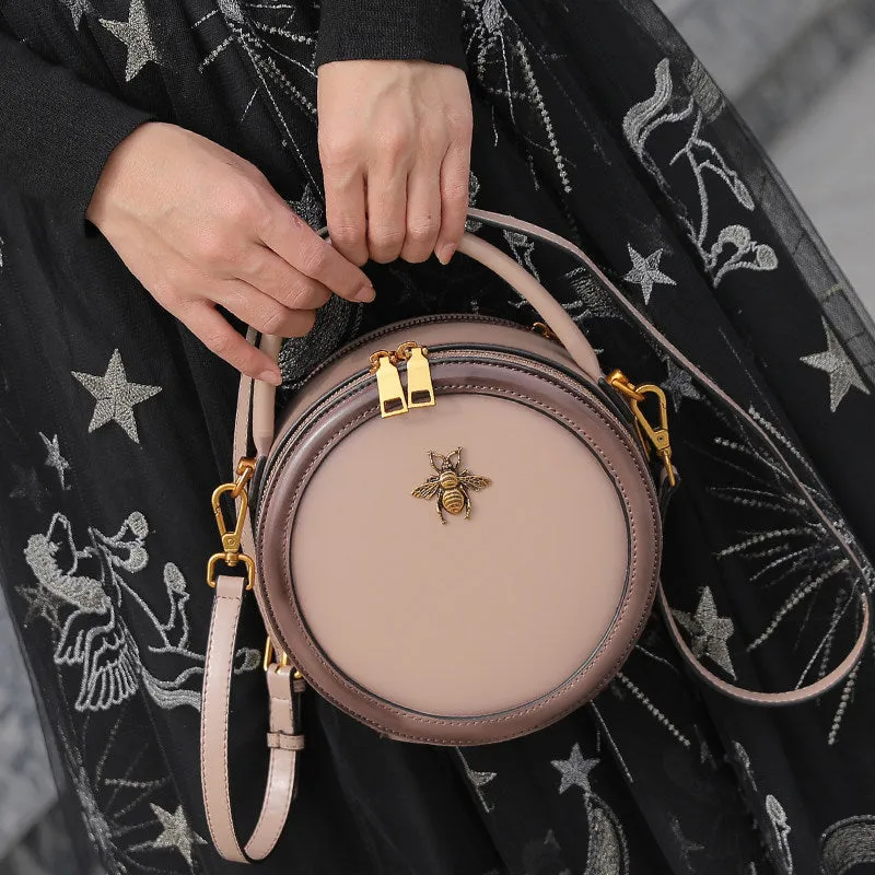 Classic Bee Round Shaped Leather Shoulder Bag