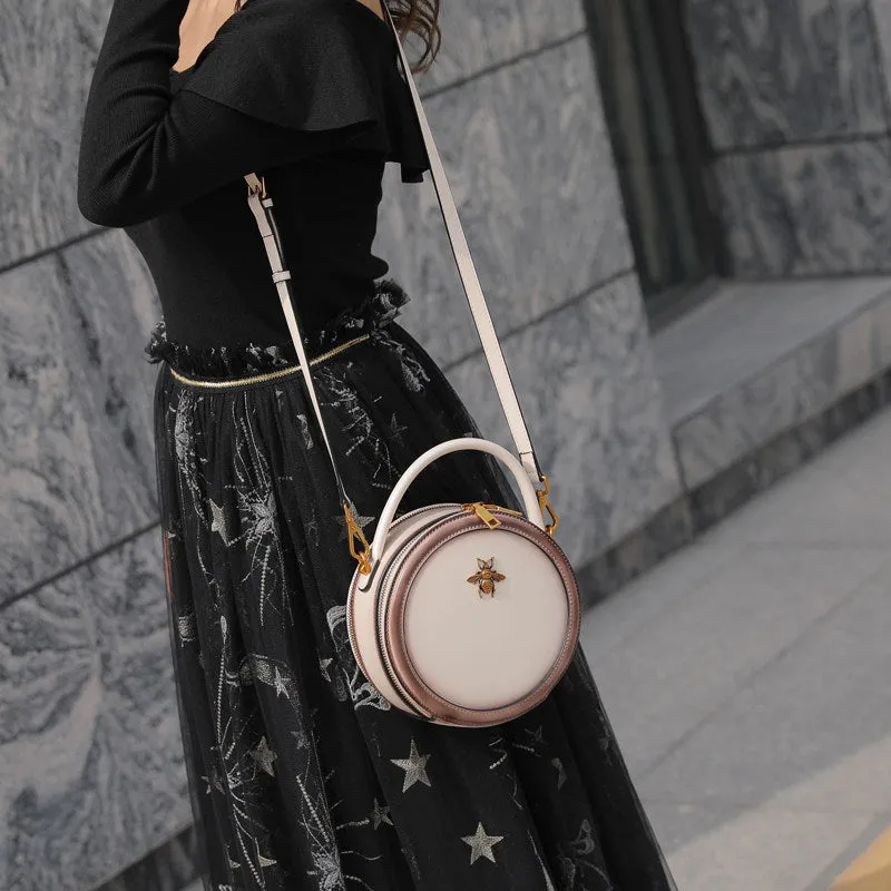 Classic Bee Round Shaped Leather Shoulder Bag