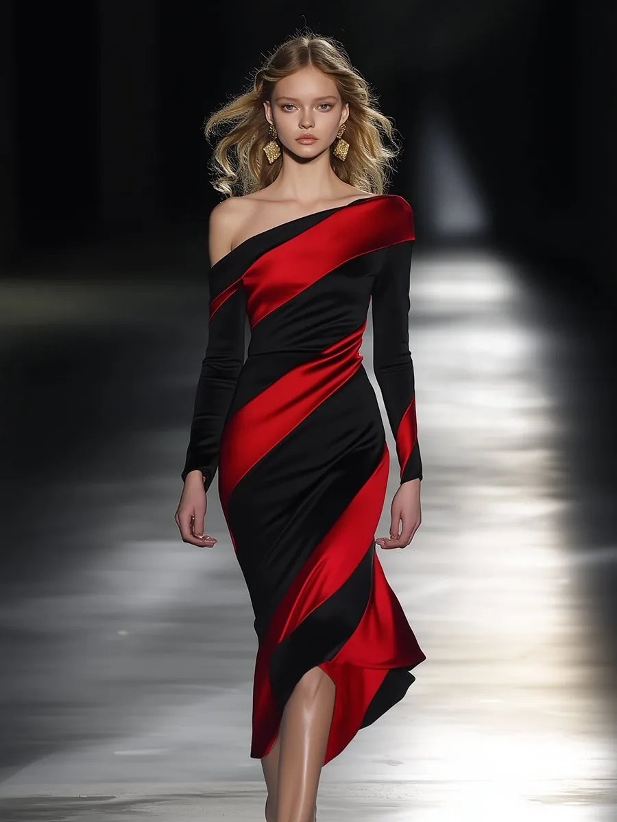 Elegant and Personalized Off-shoulder Black and Red Oblique Contrast Midi Dress