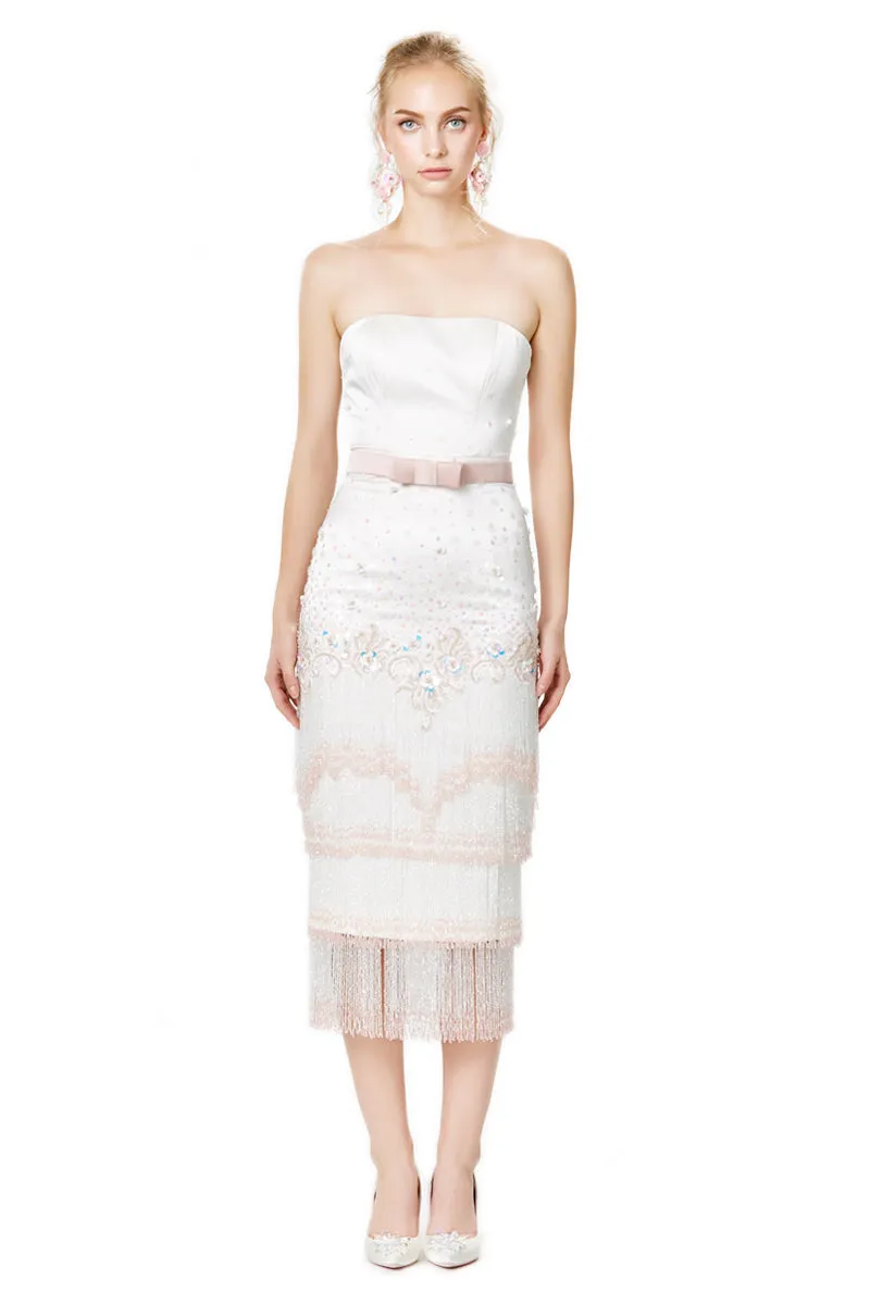Embellished Silk Satin Tiered Crystal Strapless Dress