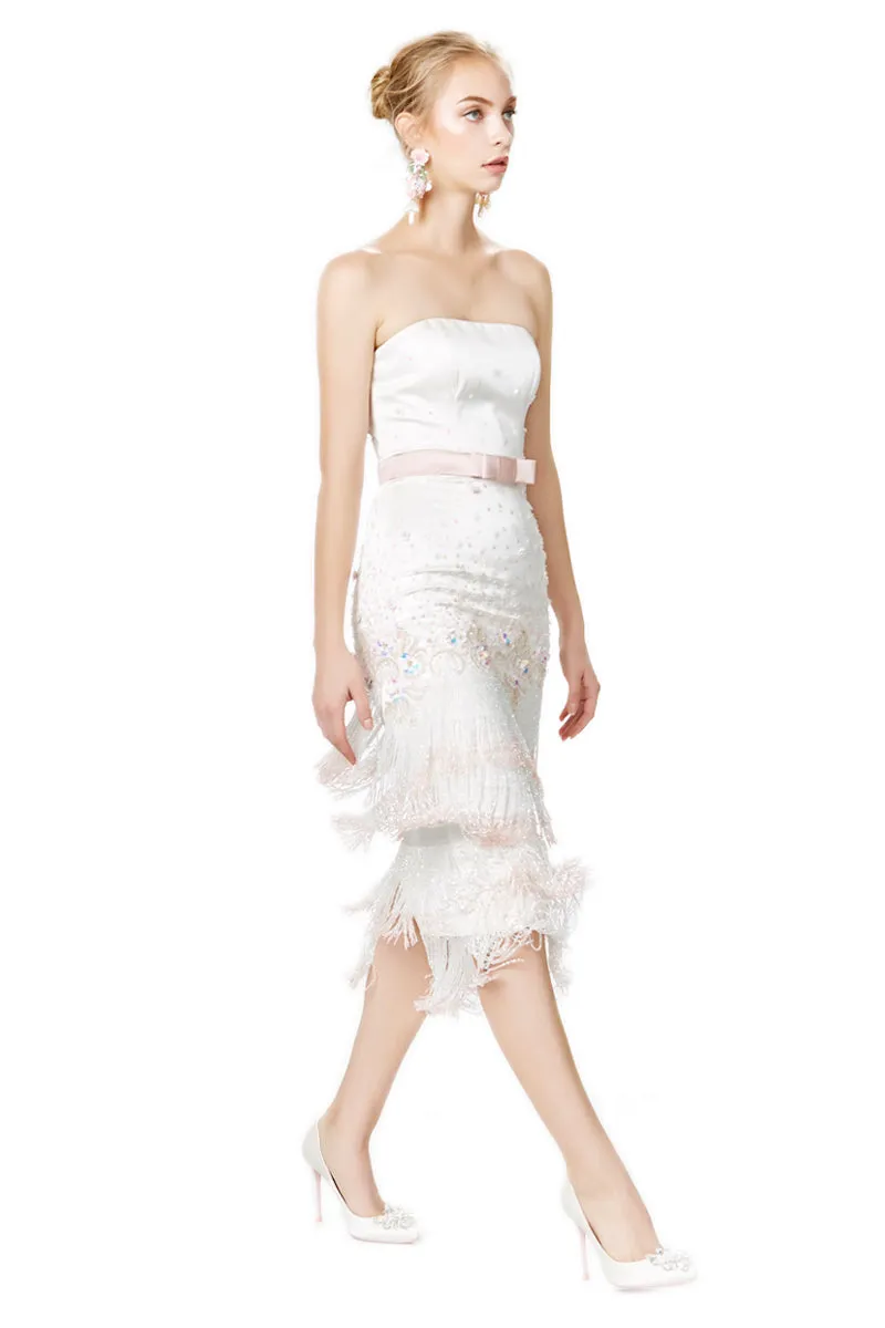 Embellished Silk Satin Tiered Crystal Strapless Dress