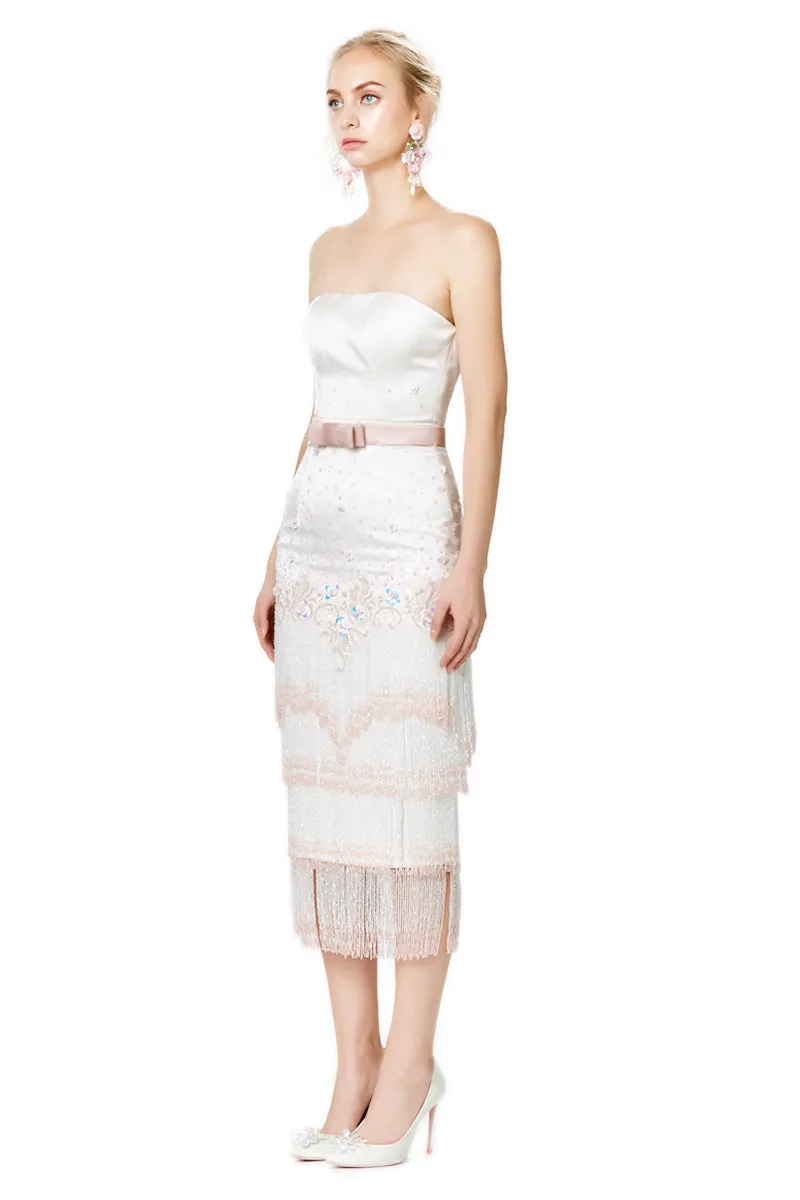 Embellished Silk Satin Tiered Crystal Strapless Dress
