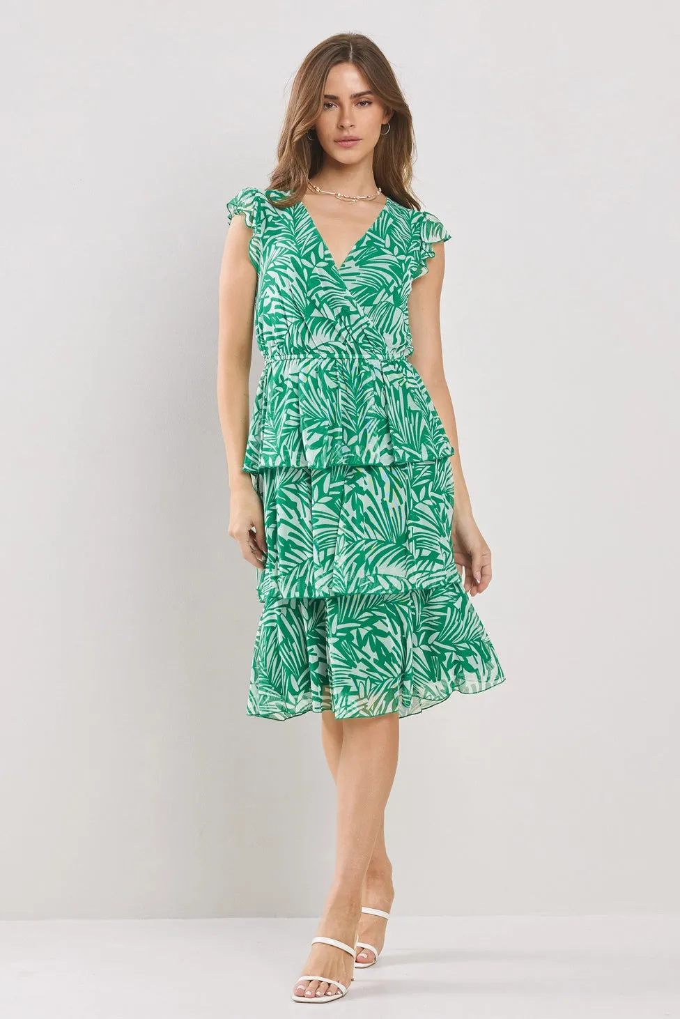 Flouncy Tiered Ruffle Dress Mesh Airy Layers Tropical Green