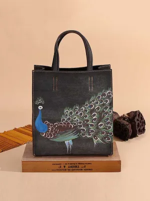 Genuine Leather Casual Tote Vintage Animal Prints Versatile Hand Painted Peacock Women Handbags