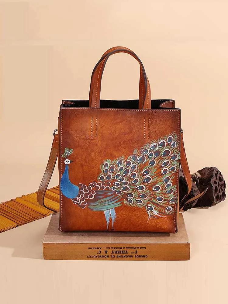 Genuine Leather Casual Tote Vintage Animal Prints Versatile Hand Painted Peacock Women Handbags