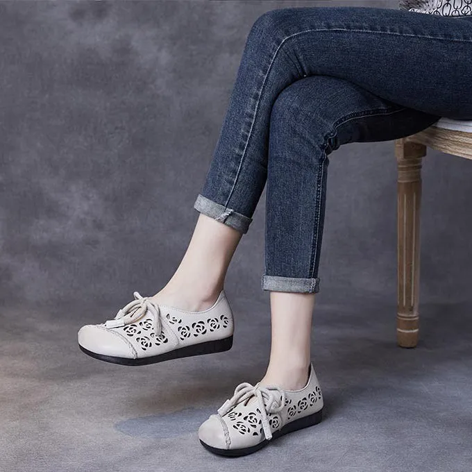Handmade Stitched Hollow-out Lace-Up Flat Shoes