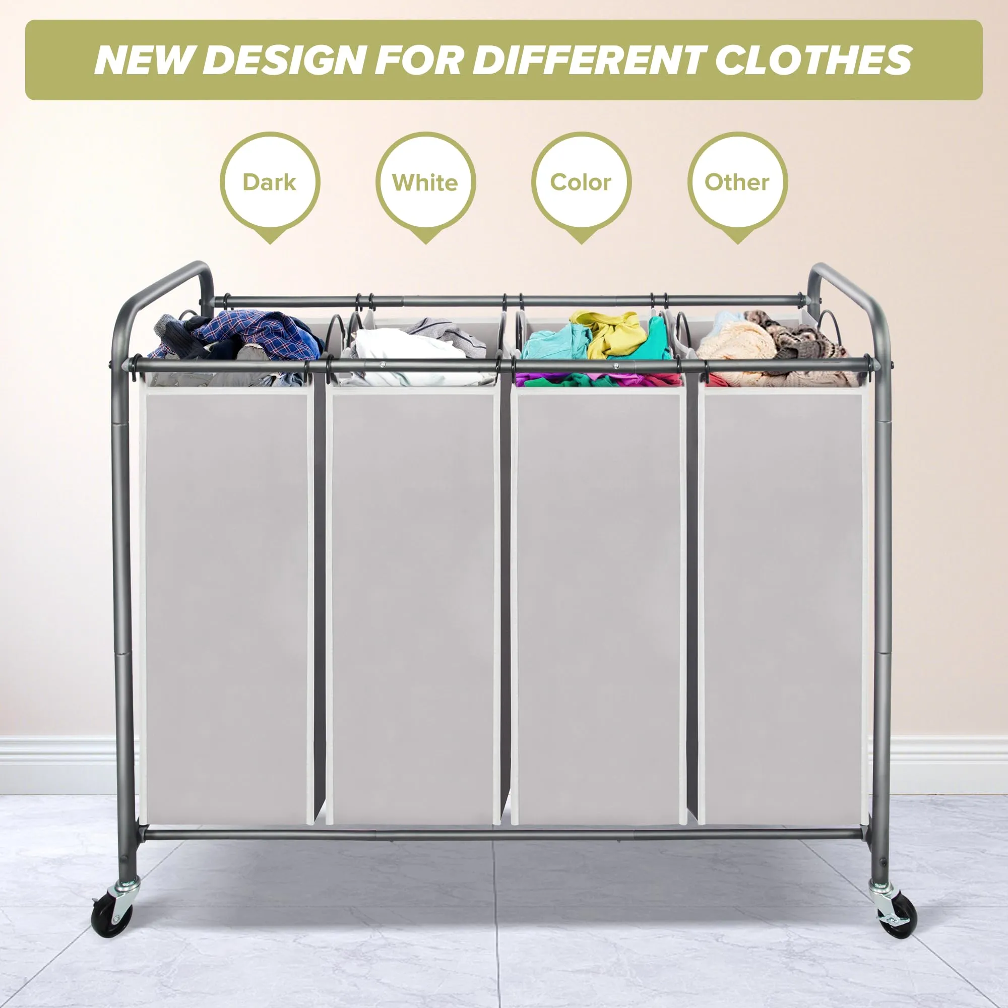 Laundry Sorter Hamper with Wheels and 4 Sections