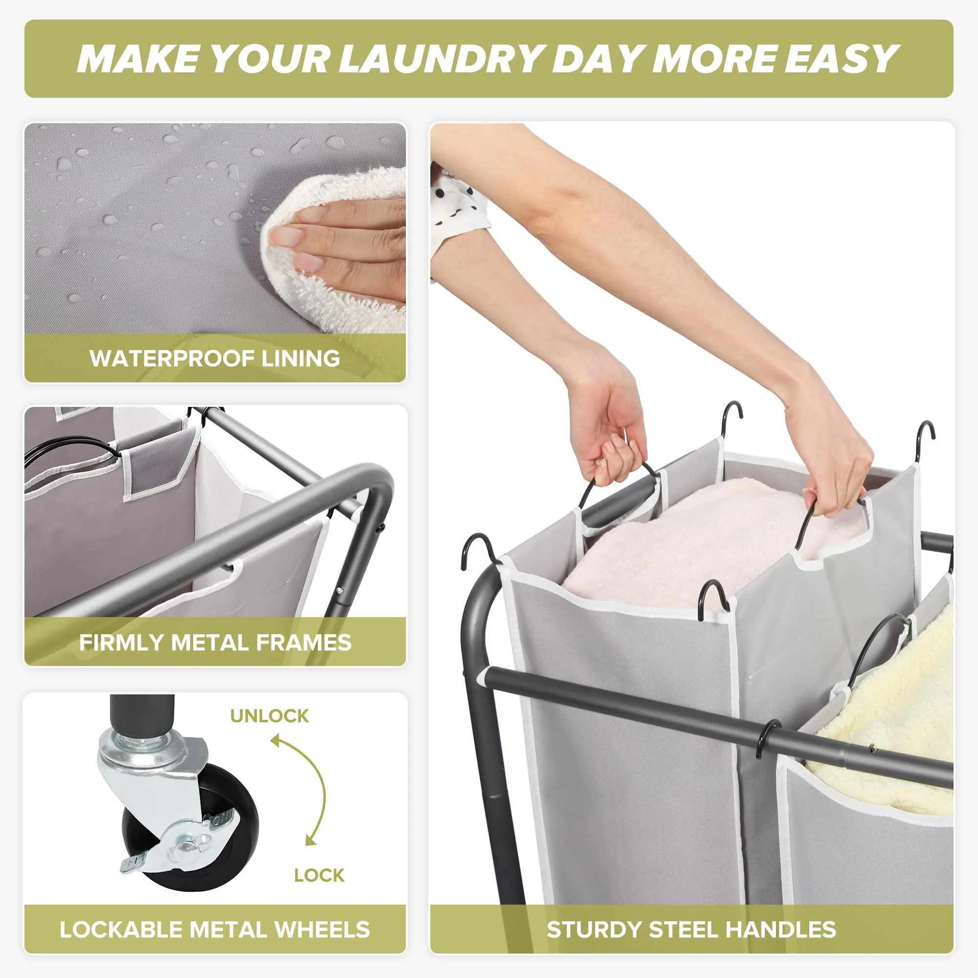 Laundry Sorter Hamper with Wheels and 4 Sections