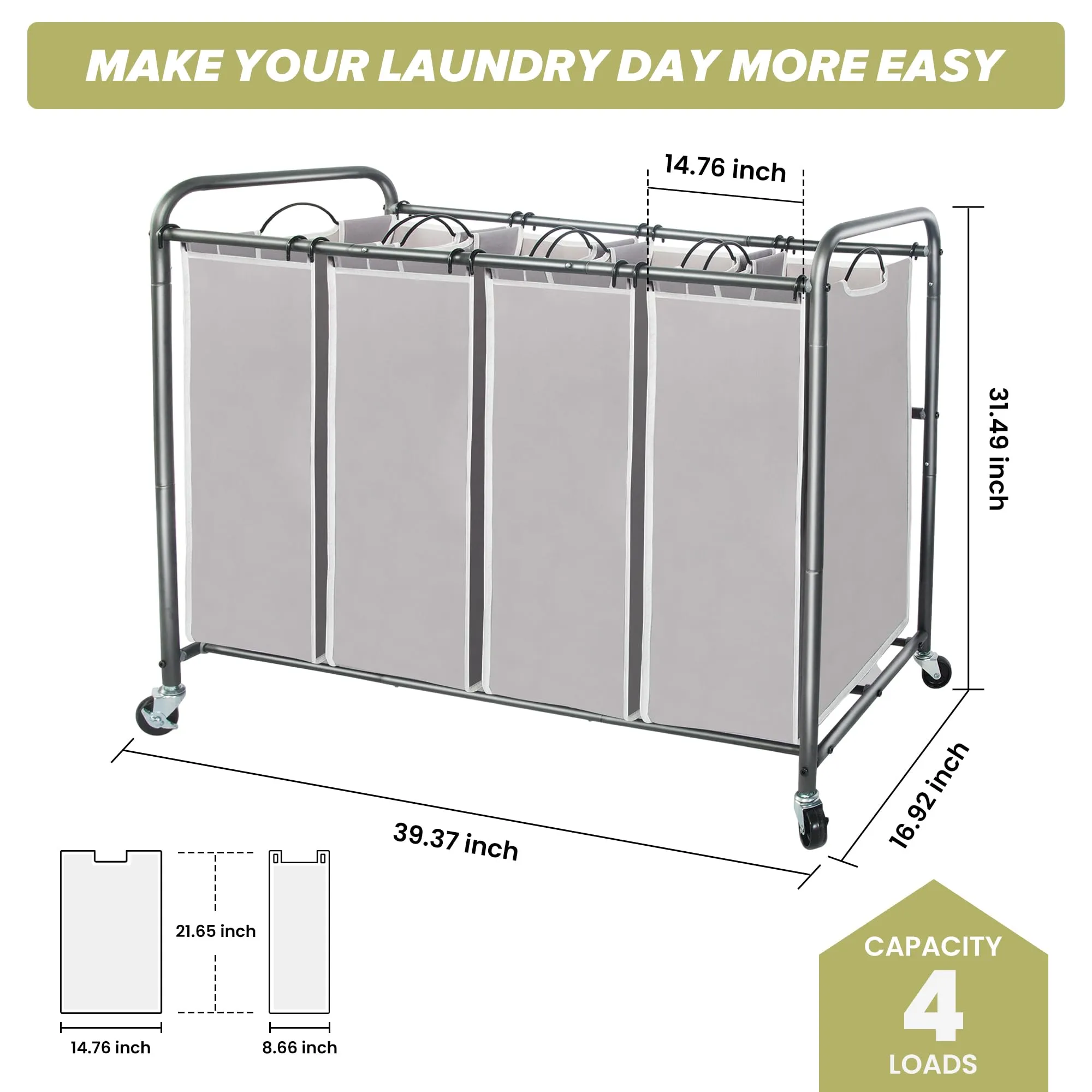 Laundry Sorter Hamper with Wheels and 4 Sections