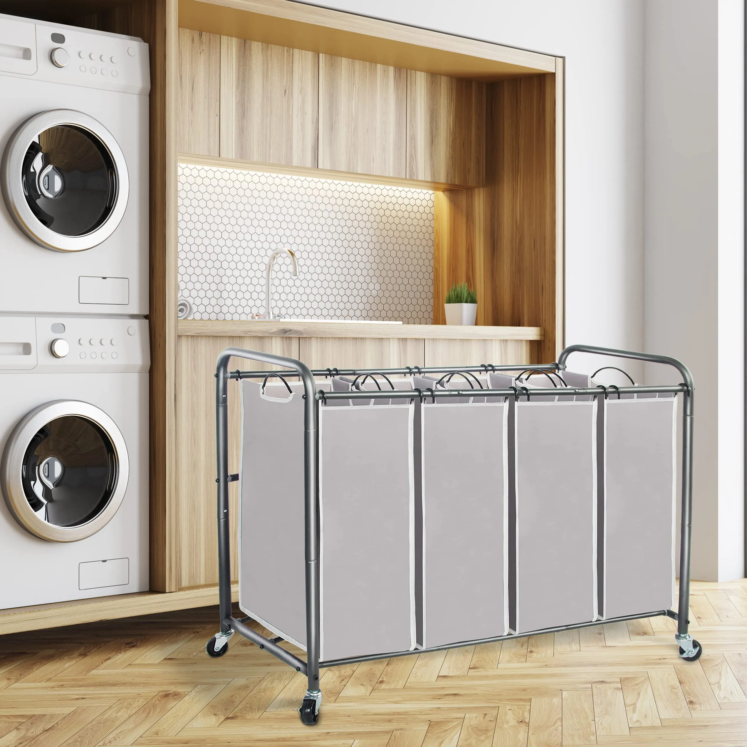Laundry Sorter Hamper with Wheels and 4 Sections