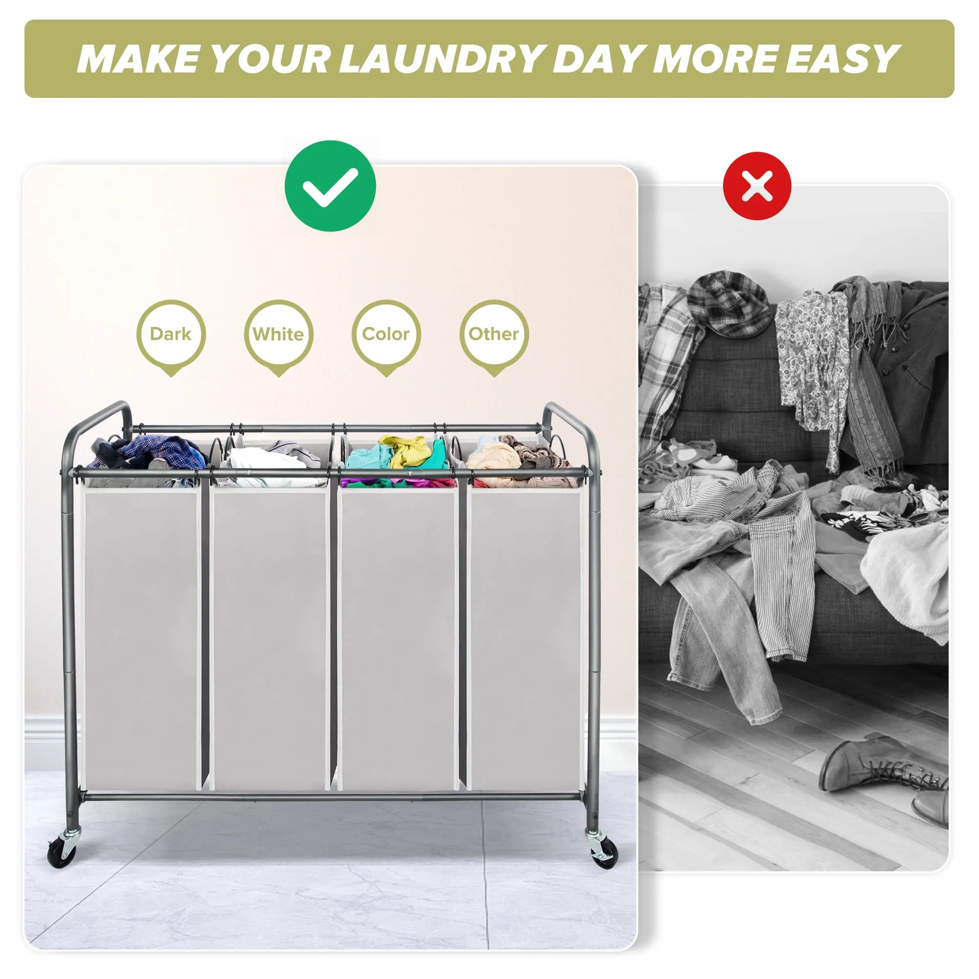 Laundry Sorter Hamper with Wheels and 4 Sections