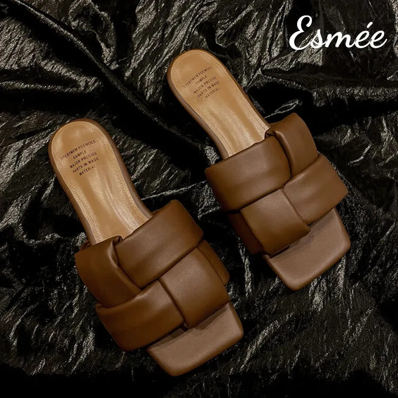 Leather Flat Sandals with Woven Design