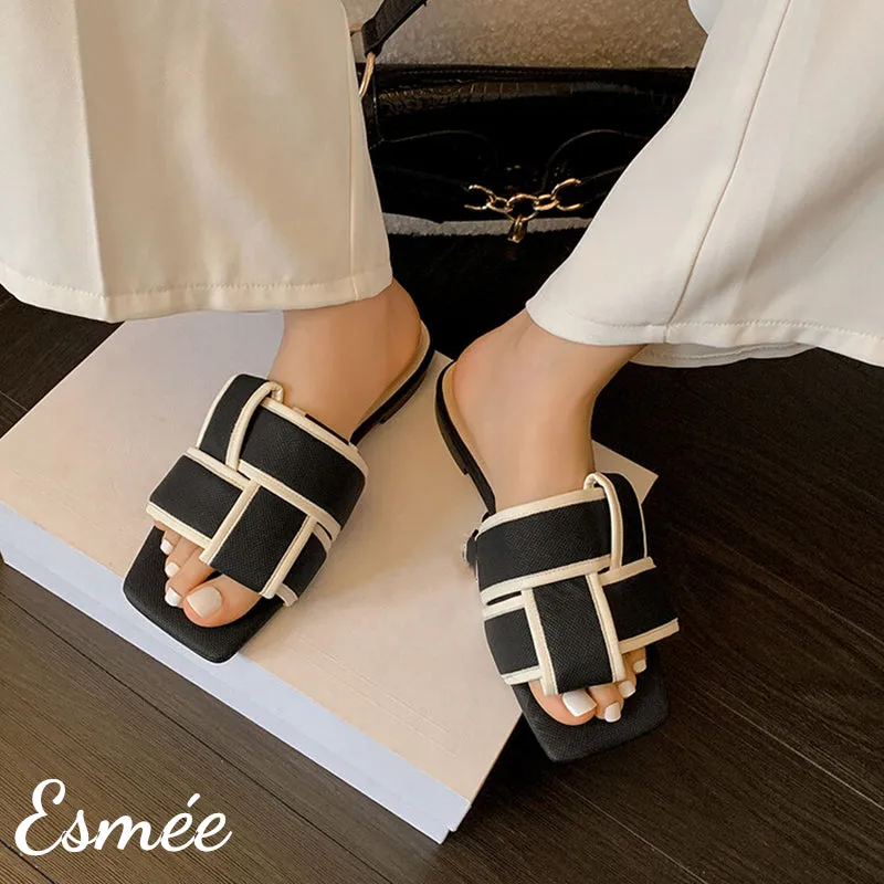 Leather Flat Sandals with Woven Design