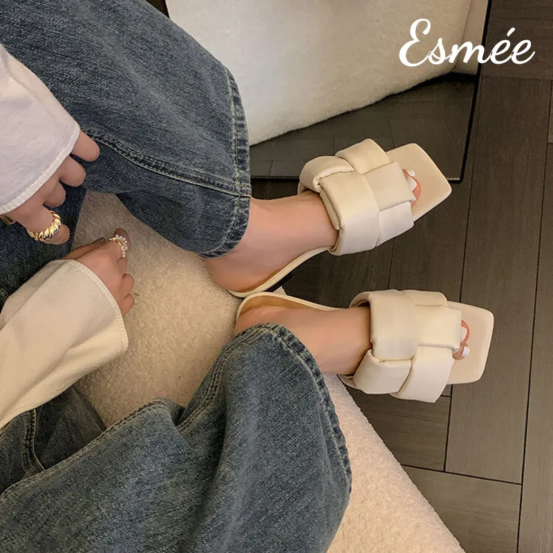 Leather Flat Sandals with Woven Design