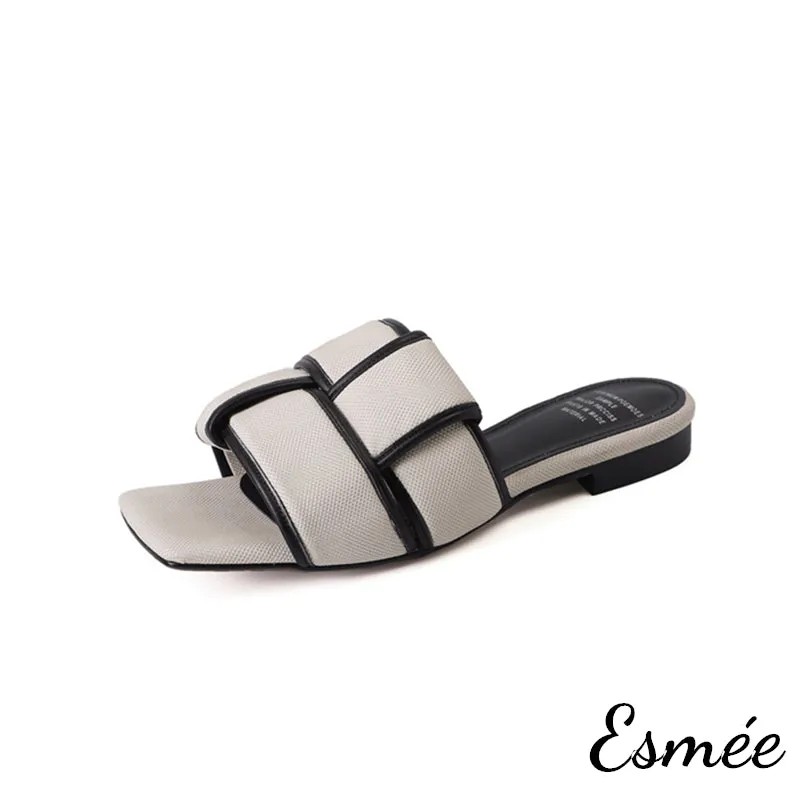 Leather Flat Sandals with Woven Design