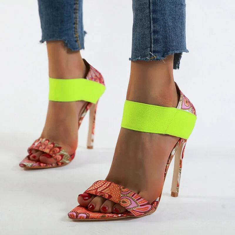 Leather High Heel Print Pointed Toe Sandals