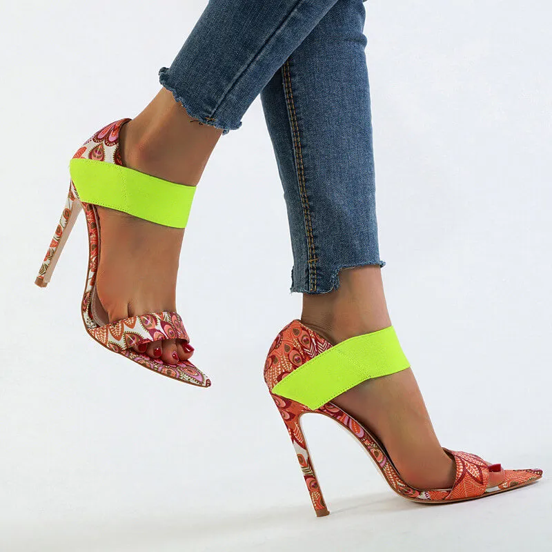Leather High Heel Print Pointed Toe Sandals