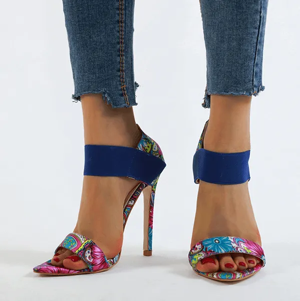 Leather High Heel Print Pointed Toe Sandals