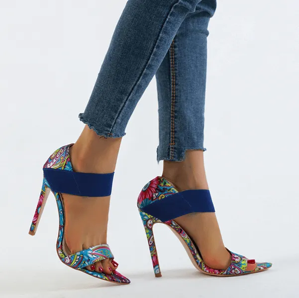 Leather High Heel Print Pointed Toe Sandals