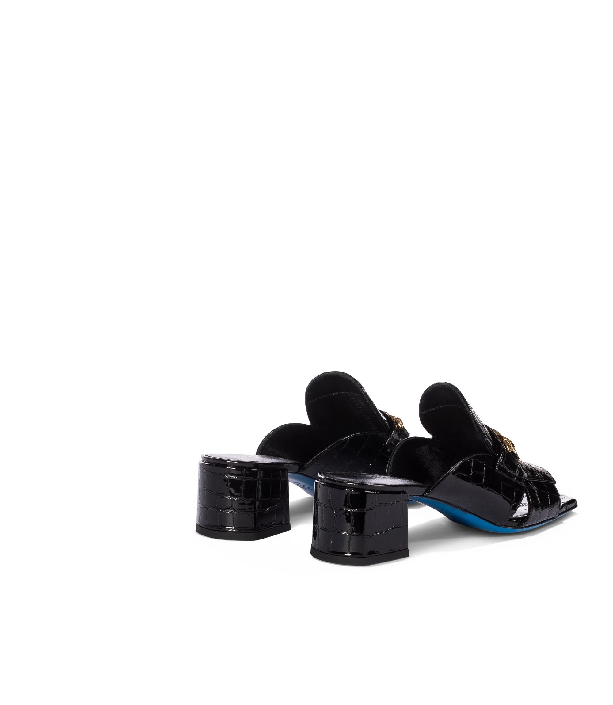 Logo-plaque black croco embossed patent leather mules