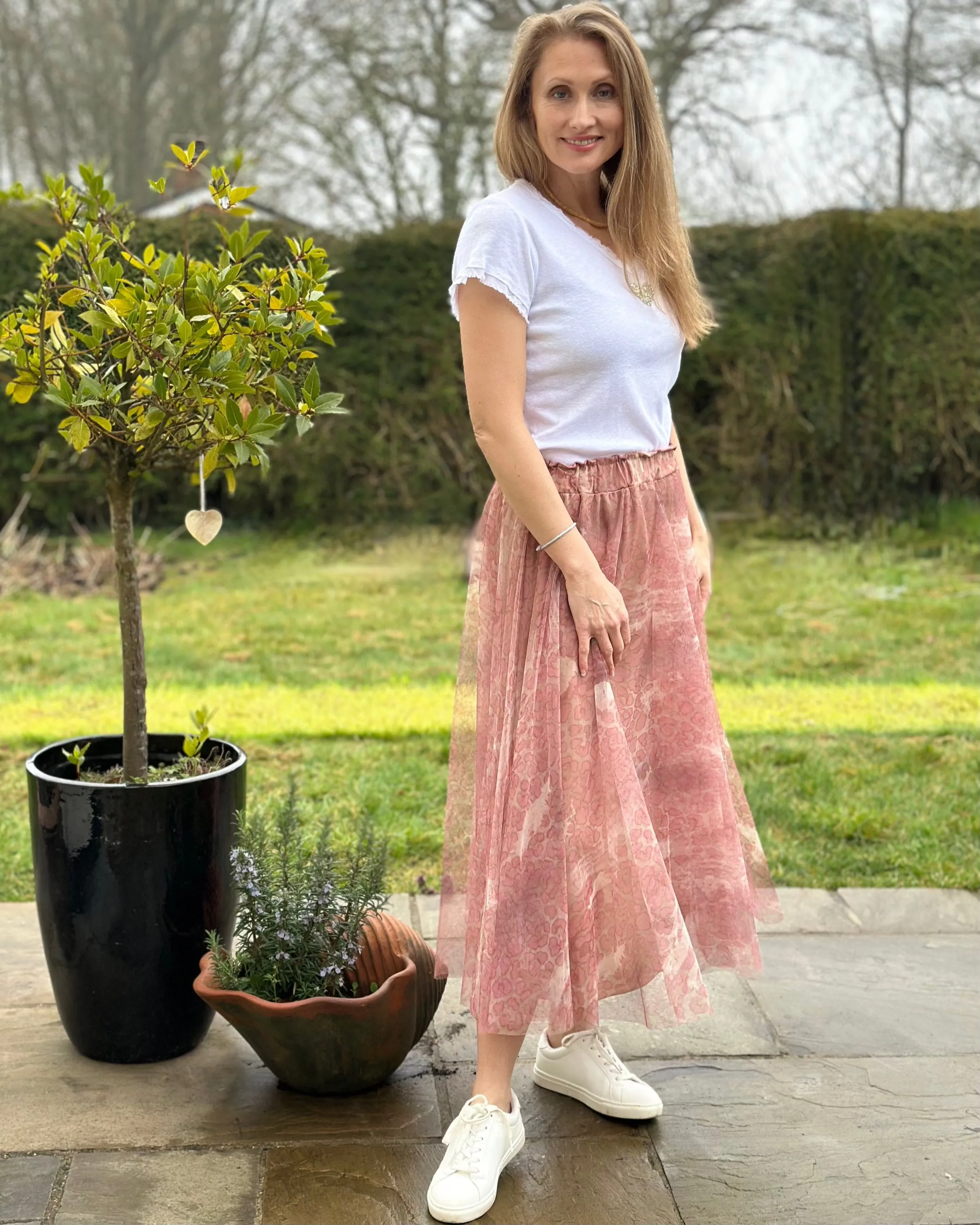 Long Pleated Tulle Skirt In Leopard Print - Dusky Pink