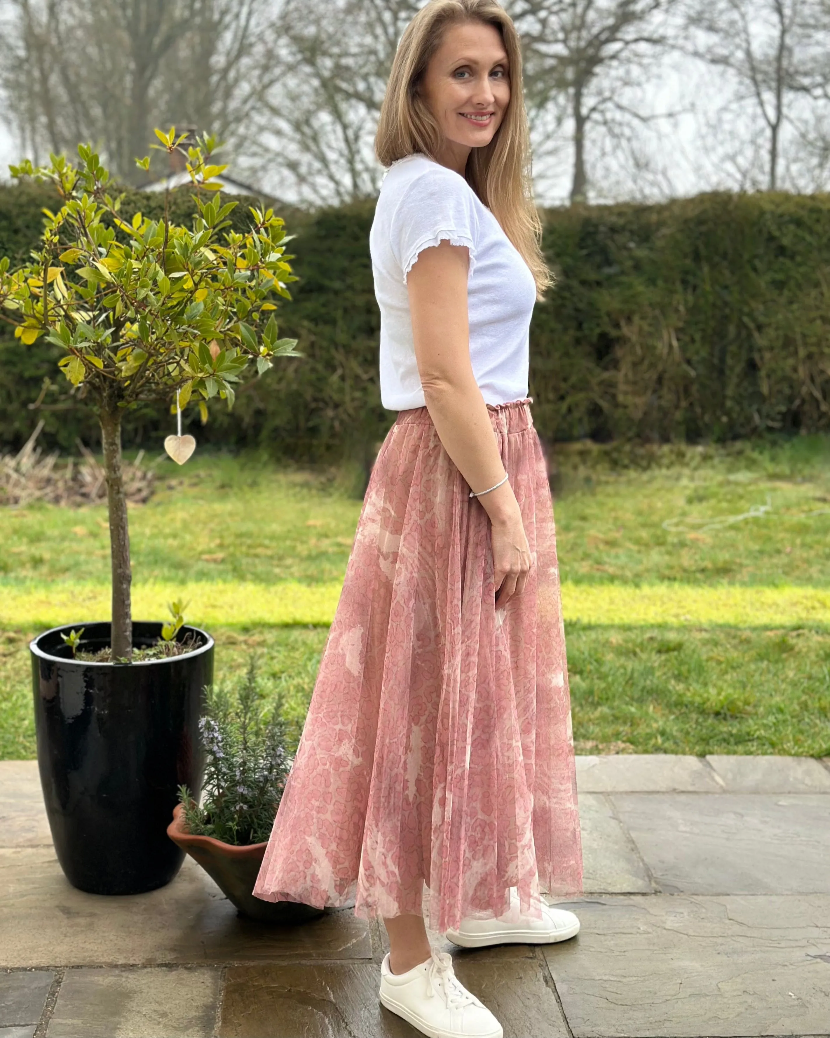 Long Pleated Tulle Skirt In Leopard Print - Dusky Pink